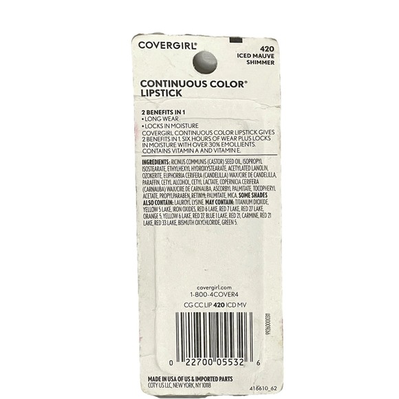 CoverGirl Continuous Color Lipstick Iced Mauve Shimmer 40 Discontinued New Sexy - Picture 2 of 4